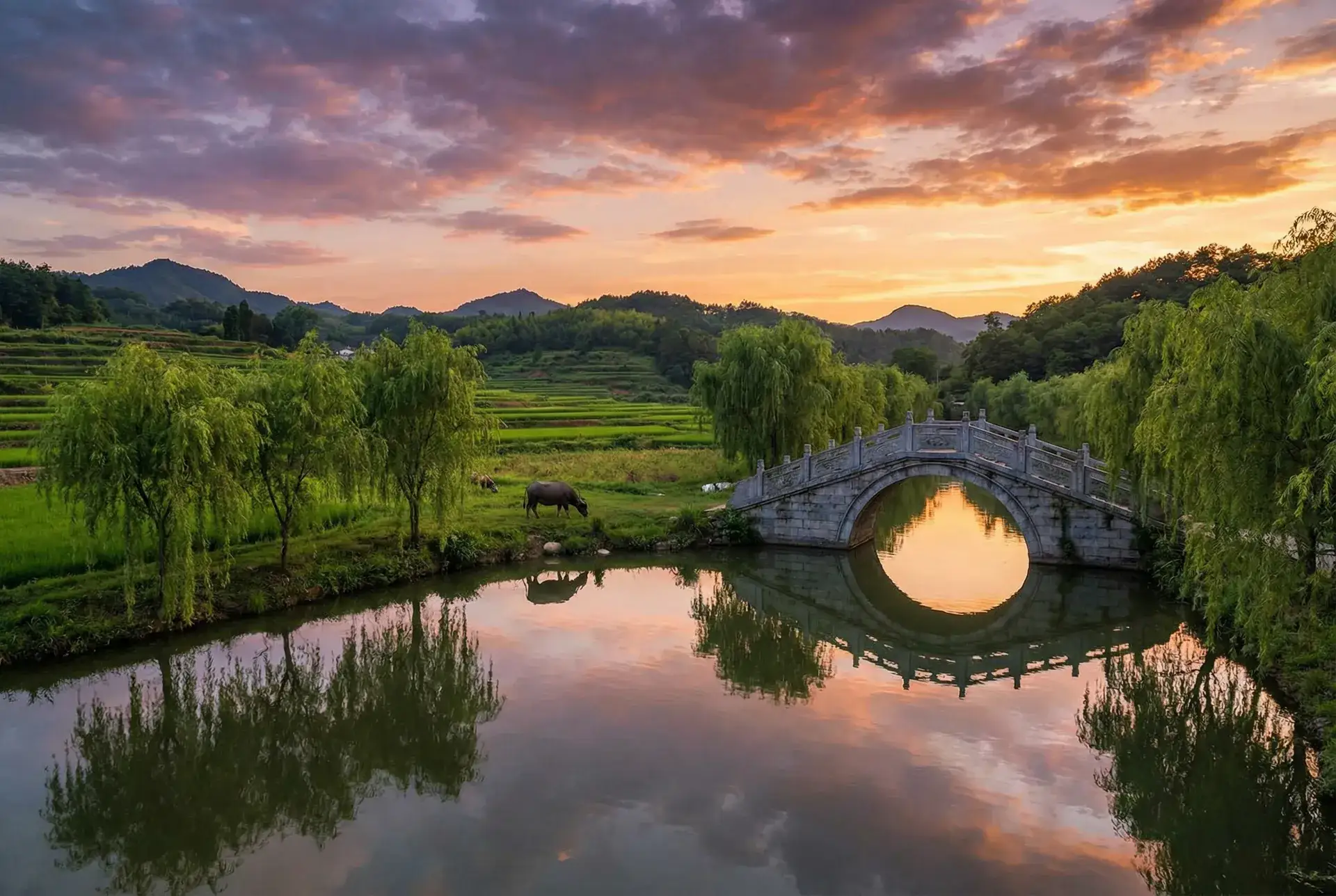 夕阳下的石拱桥与垂柳，水牛在河边吃草 - 女人与狼拘配A片 乡村美景